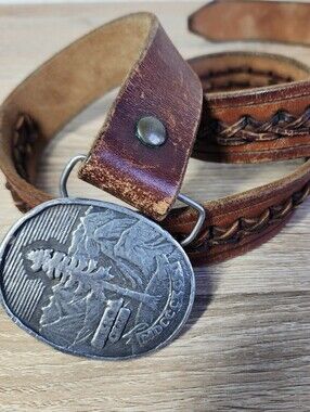 VINTAGE SIERRA CLUB Forest Wildlife Belt Buckle Brown Leather Belt